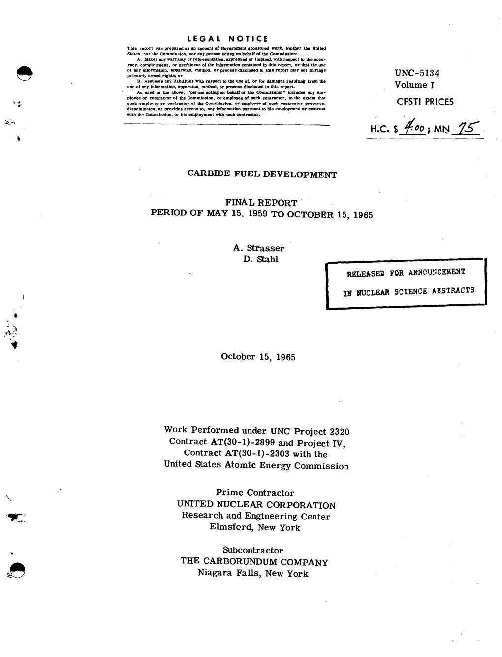 Carbide Fuel Development Final Report Period of May 15, 1959 To