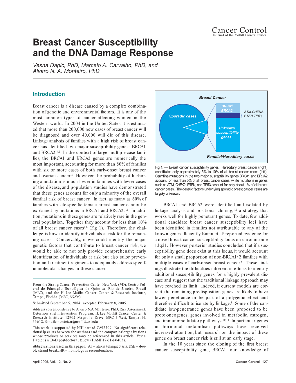 Breast Cancer Susceptibility and the DNA Damage Response Vesna Dapic, Phd, Marcelo A