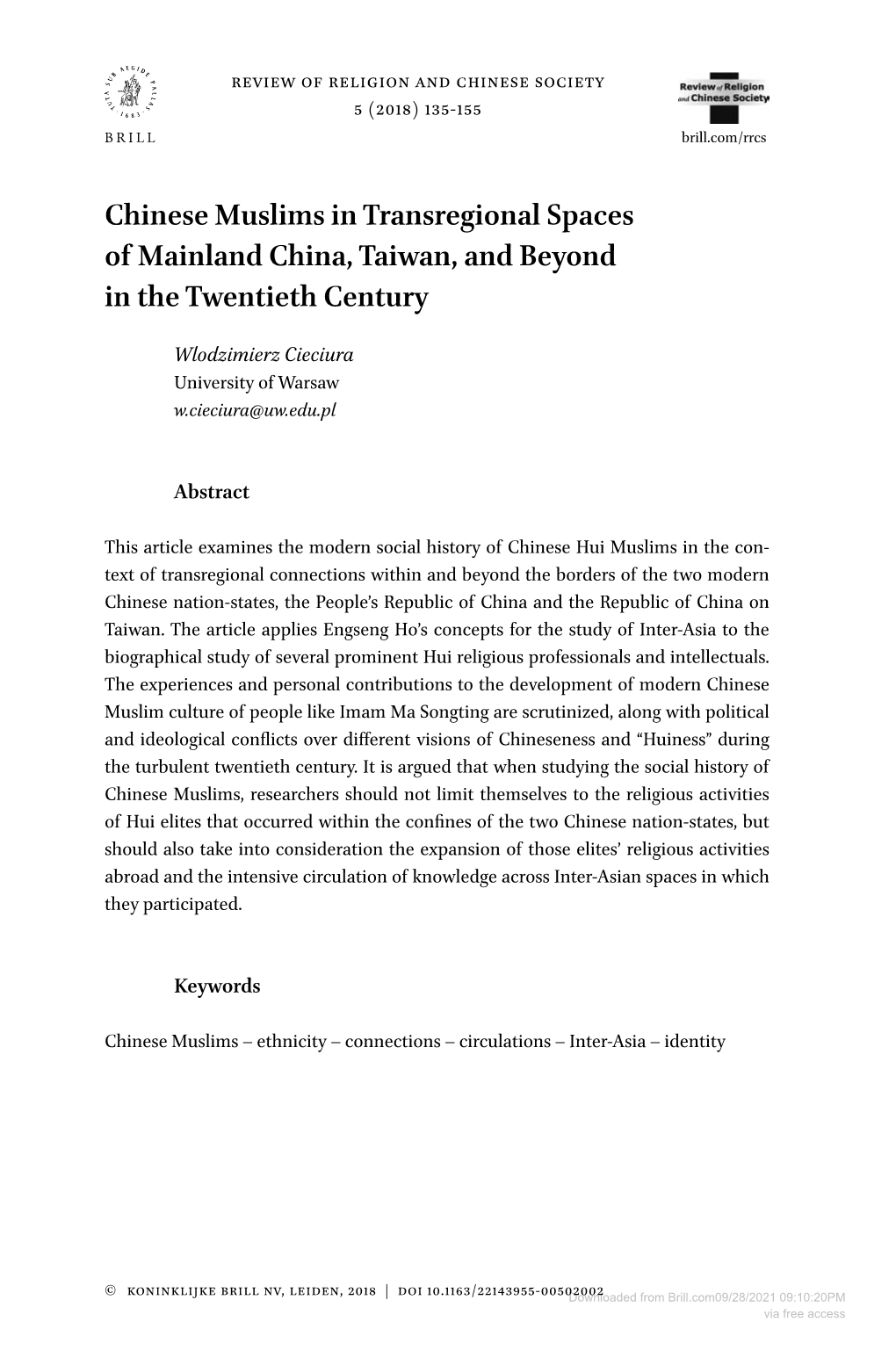 Chinese Muslims in Transregional Spaces of Mainland China, Taiwan, and Beyond in the Twentieth Century