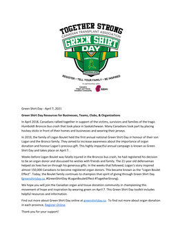 April 7, 2021 Green Shirt Day Resources for Businesses, Teams