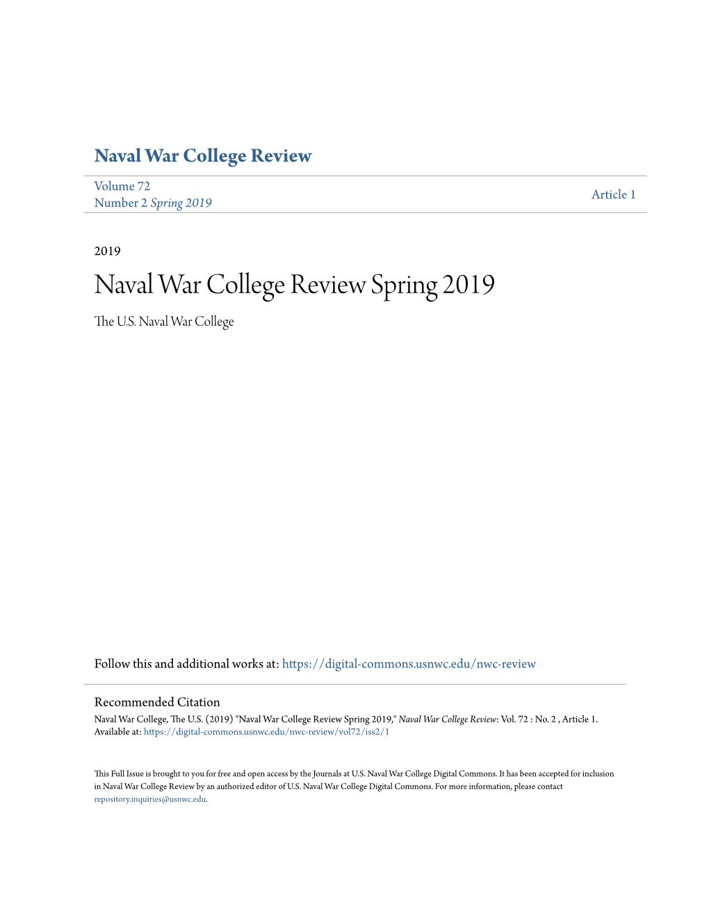 Naval War College Review Spring 2019 the .SU