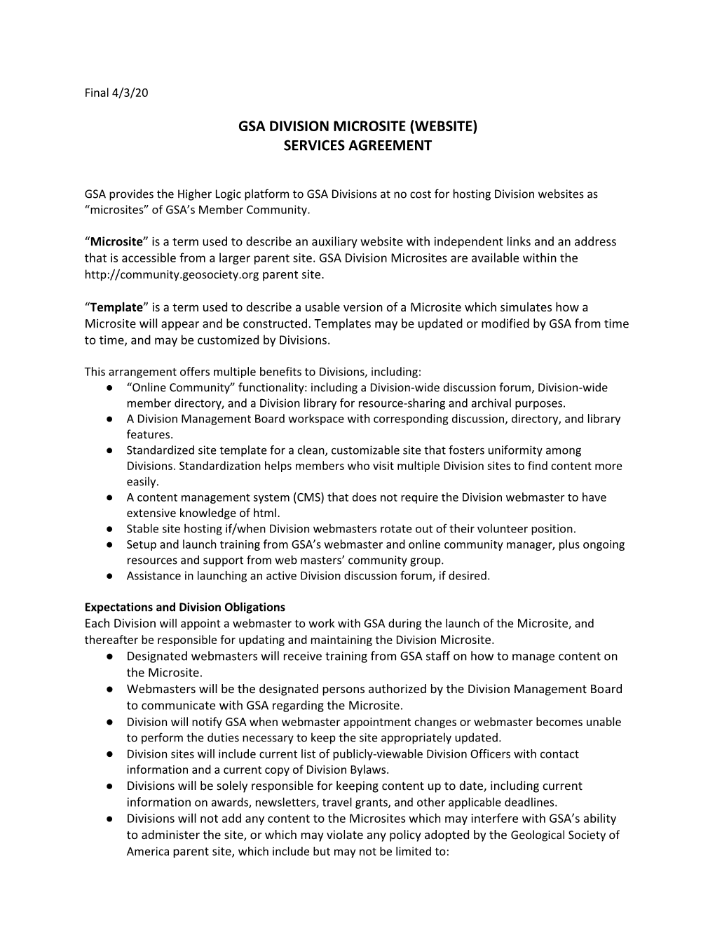 Gsa Division Microsite (Website) Services Agreement