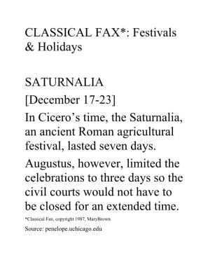 CLASSICAL FAX*: Festivals & Holidays SATURNALIA [December