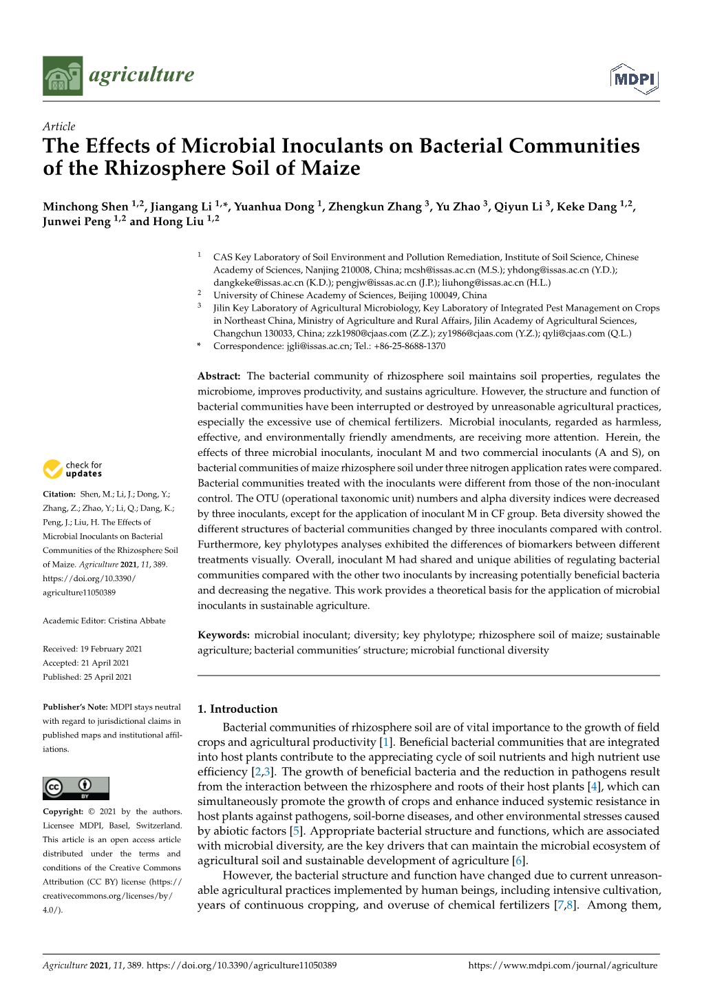 The Effects of Microbial Inoculants on Bacterial Communities of the Rhizosphere Soil of Maize