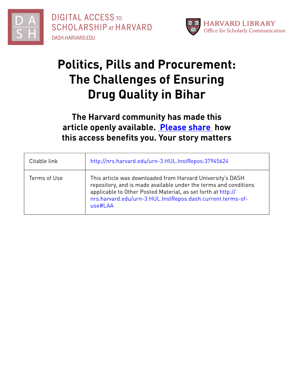 Politics, Pills and Procurement: the Challenges of Ensuring Drug Quality in Bihar