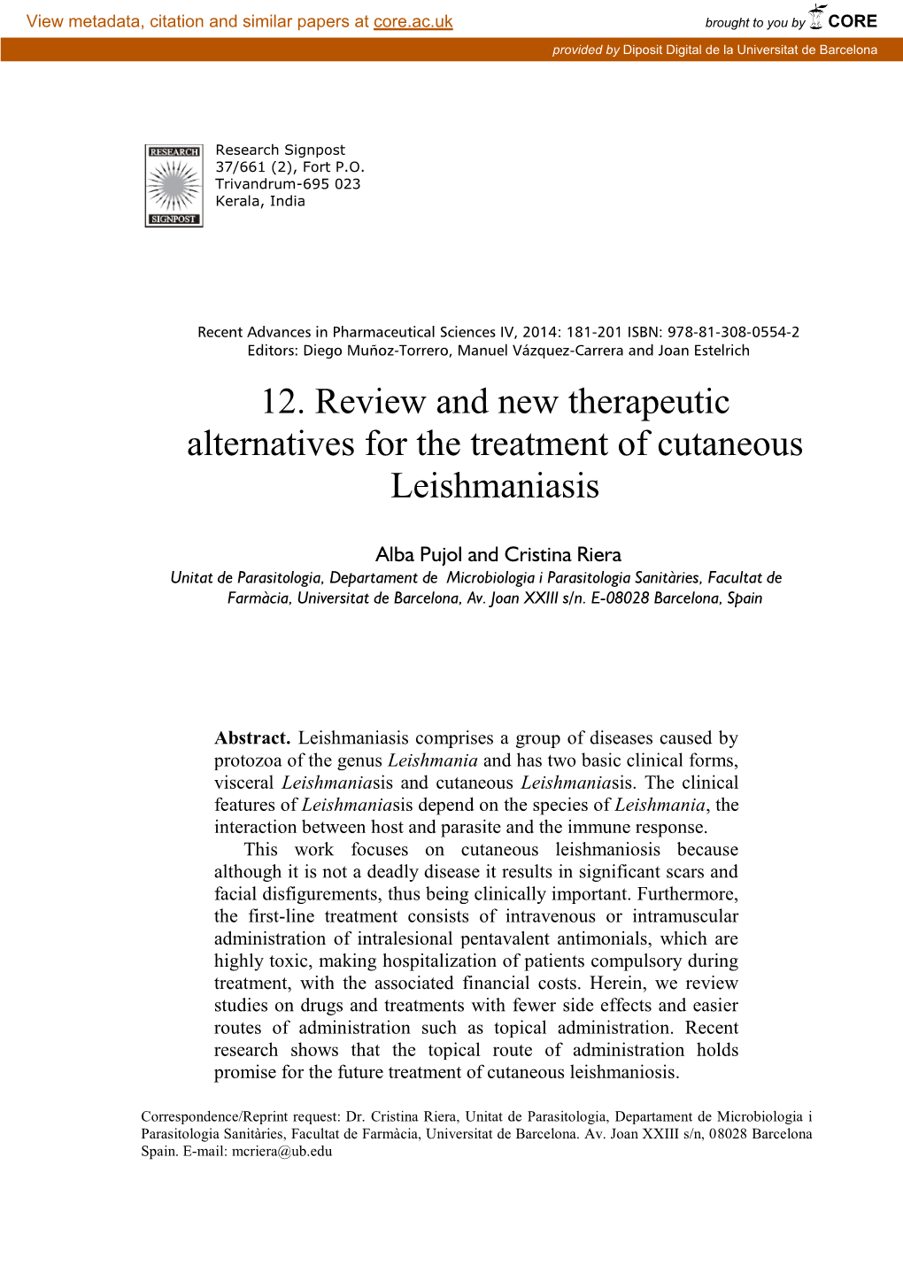 12. Review and New Therapeutic Alternatives for the Treatment of Cutaneous Leishmaniasis