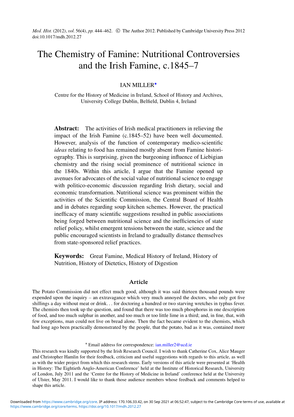 The Chemistry of Famine: Nutritional Controversies and the Irish Famine, C.1845–7