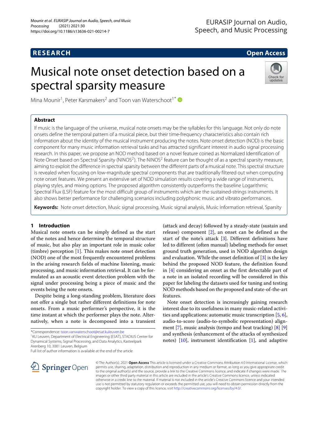 Musical Note Onset Detection Based on a Spectral Sparsity Measure Mina Mounir1, Peter Karsmakers2 and Toon Van Waterschoot1*