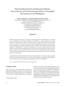 Deriving Recruitment and Spawning Patterns from a Survey of Juvenile Grouper (Pisces: Serranidae) Occurrences in the Philippines