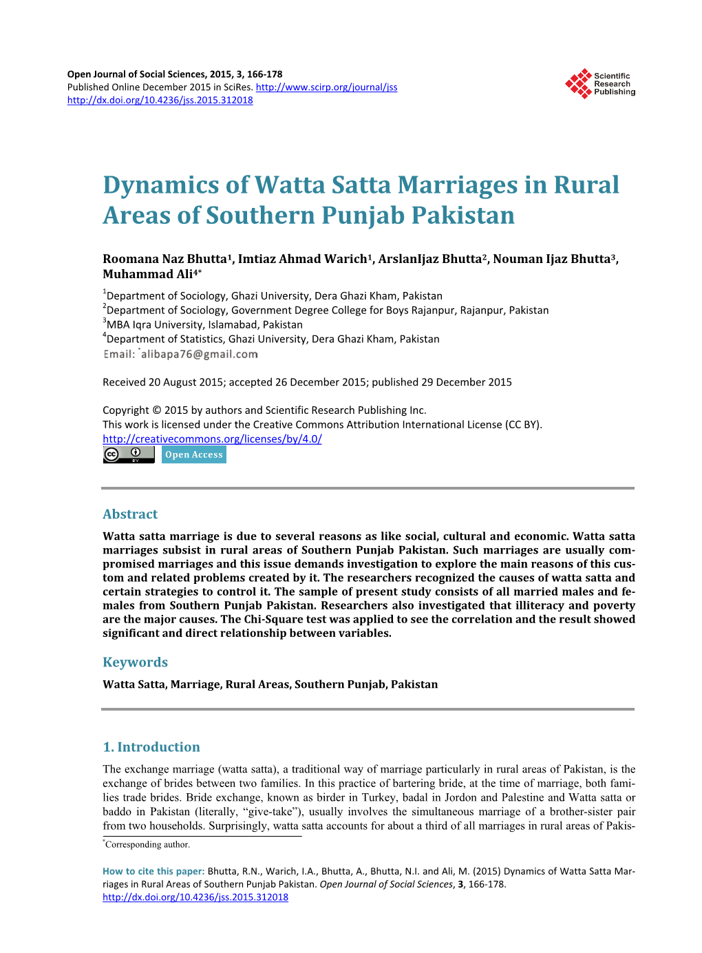 Dynamics of Watta Satta Marriages in Rural Areas of Southern Punjab Pakistan
