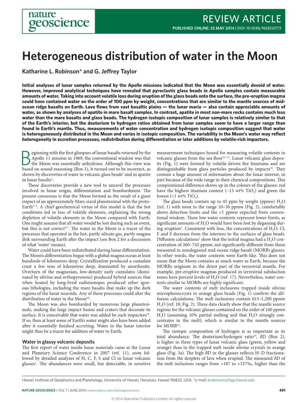 Heterogeneous Distribution of Water in the Moon Katharine L