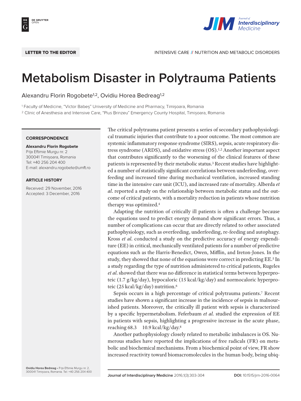 Metabolism Disaster in Polytrauma Patients