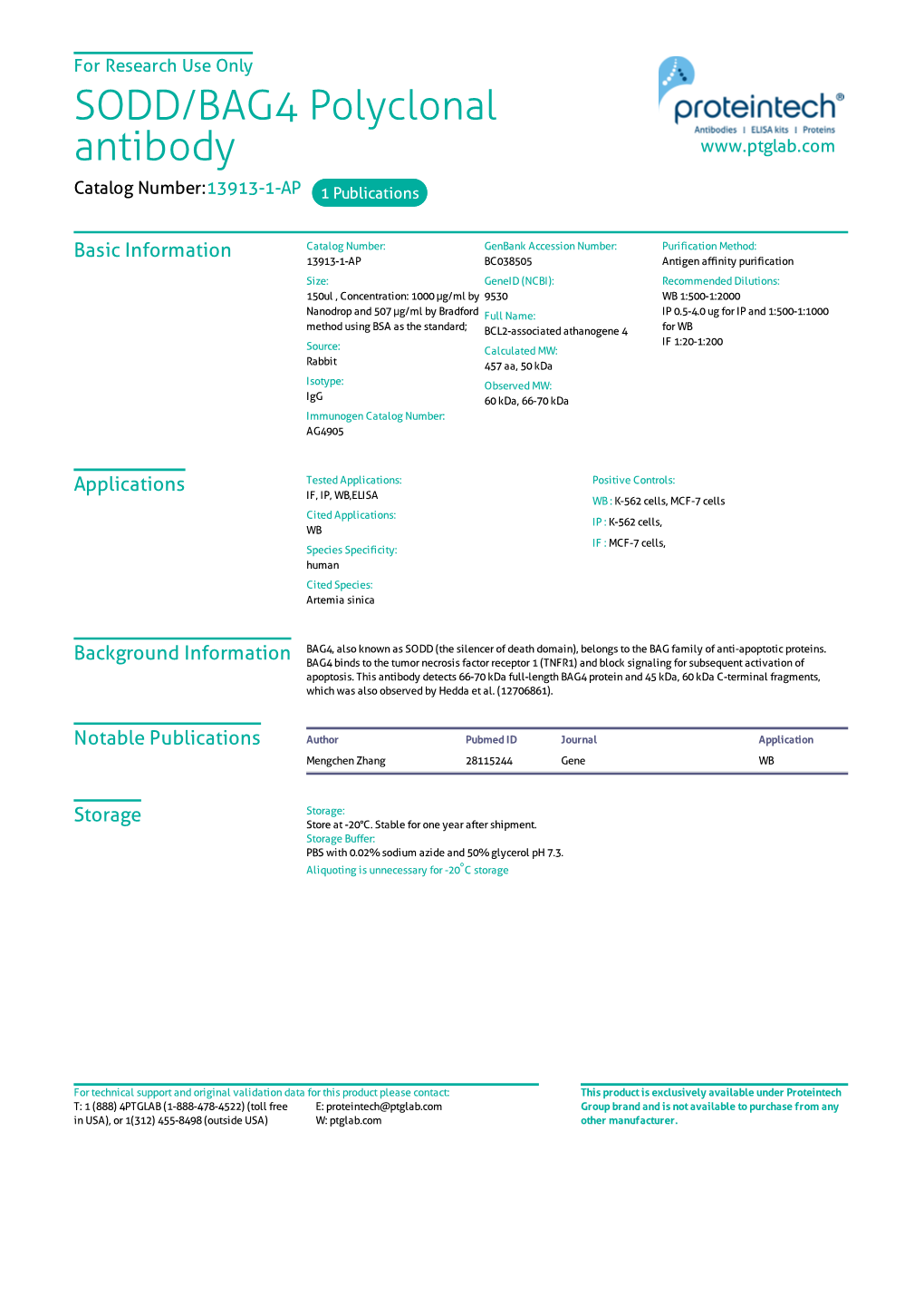 SODD/BAG4 Polyclonal Antibody Catalog Number:13913-1-AP 1 Publications