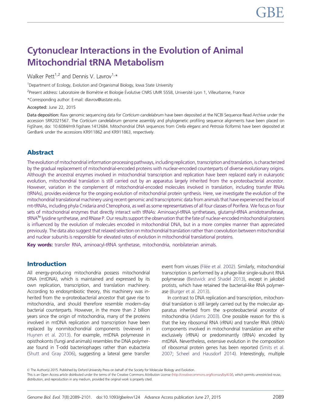 Cytonuclear Interactions in the Evolution of Animal Mitochondrial Trna Metabolism