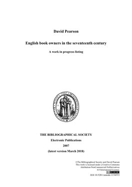 David Pearson English Book Owners in the Seventeenth Century