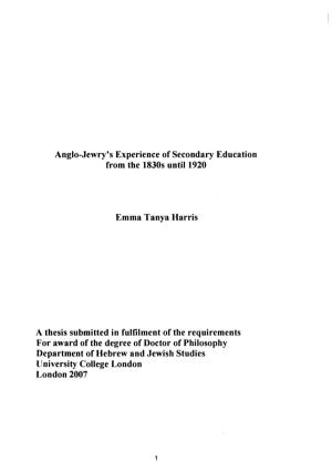 Anglo-Jewry's Experience of Secondary Education