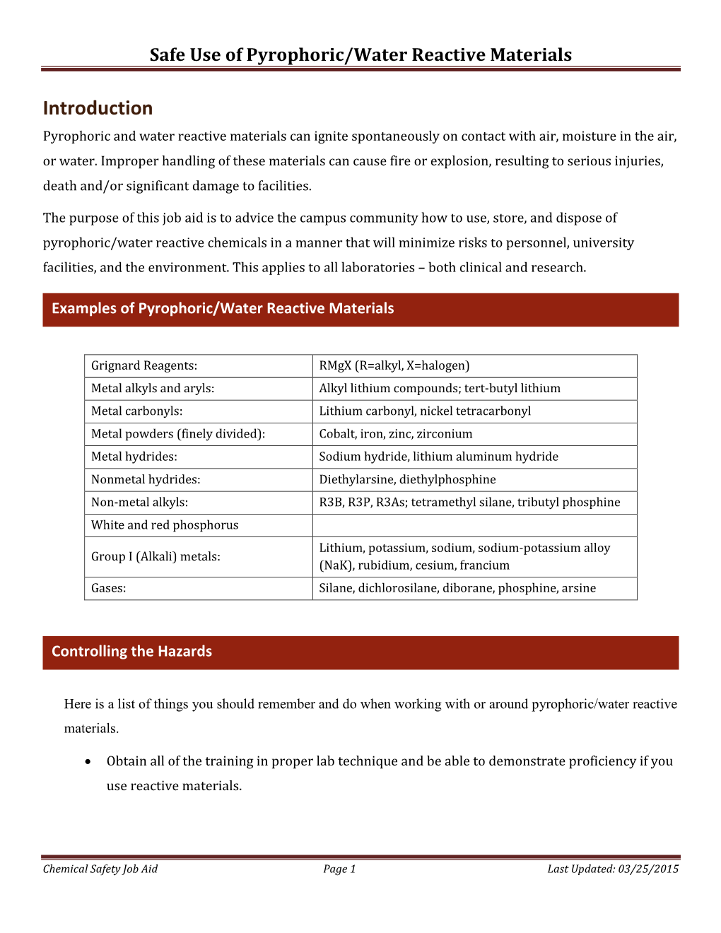 Introduction Pyrophoric and Water Reactive Materials Can Ignite Spontaneously on Contact with Air, Moisture in the Air, Or Water