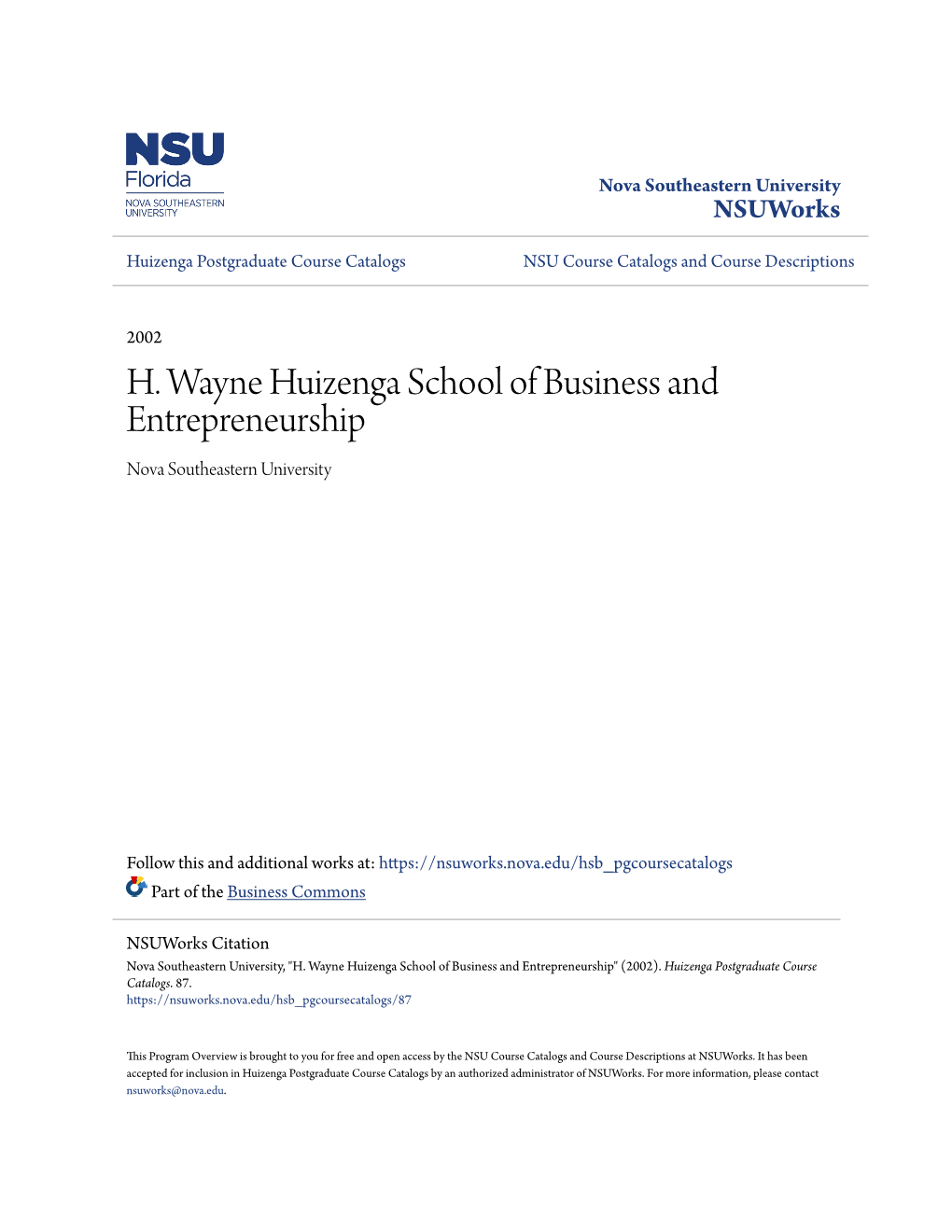 H. Wayne Huizenga School of Business and Entrepreneurship Nova Southeastern University