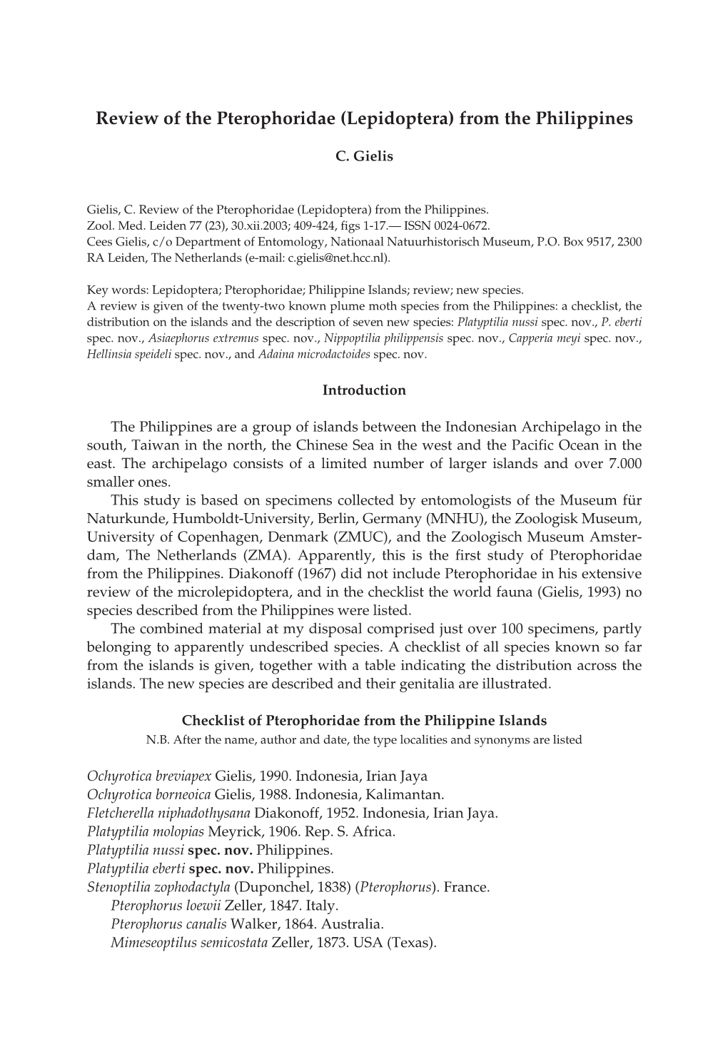 Review of the Pterophoridae (Lepidoptera) from the Philippines