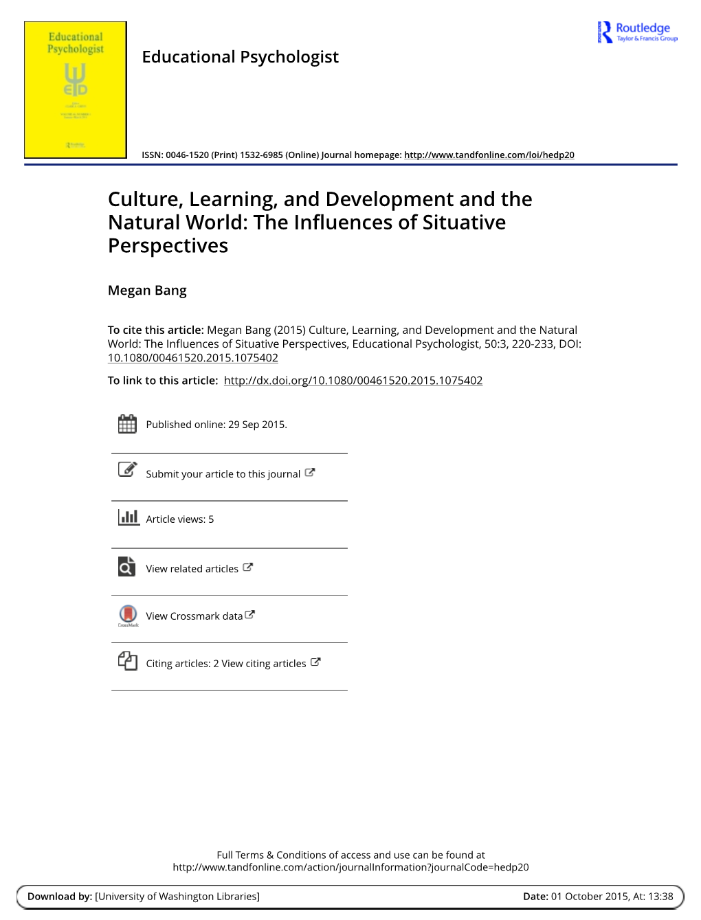 Culture, Learning, and Development and the Natural World: the Influences of Situative Perspectives