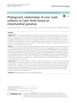 Phylogenetic Relationships of Cone Snails Endemic to Cabo Verde Based on Mitochondrial Genomes Samuel Abalde1, Manuel J