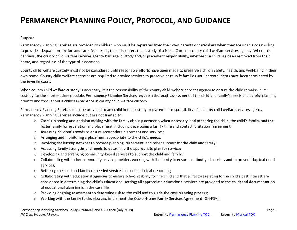 Permanency Planning Policy, Protocol, and Guidance