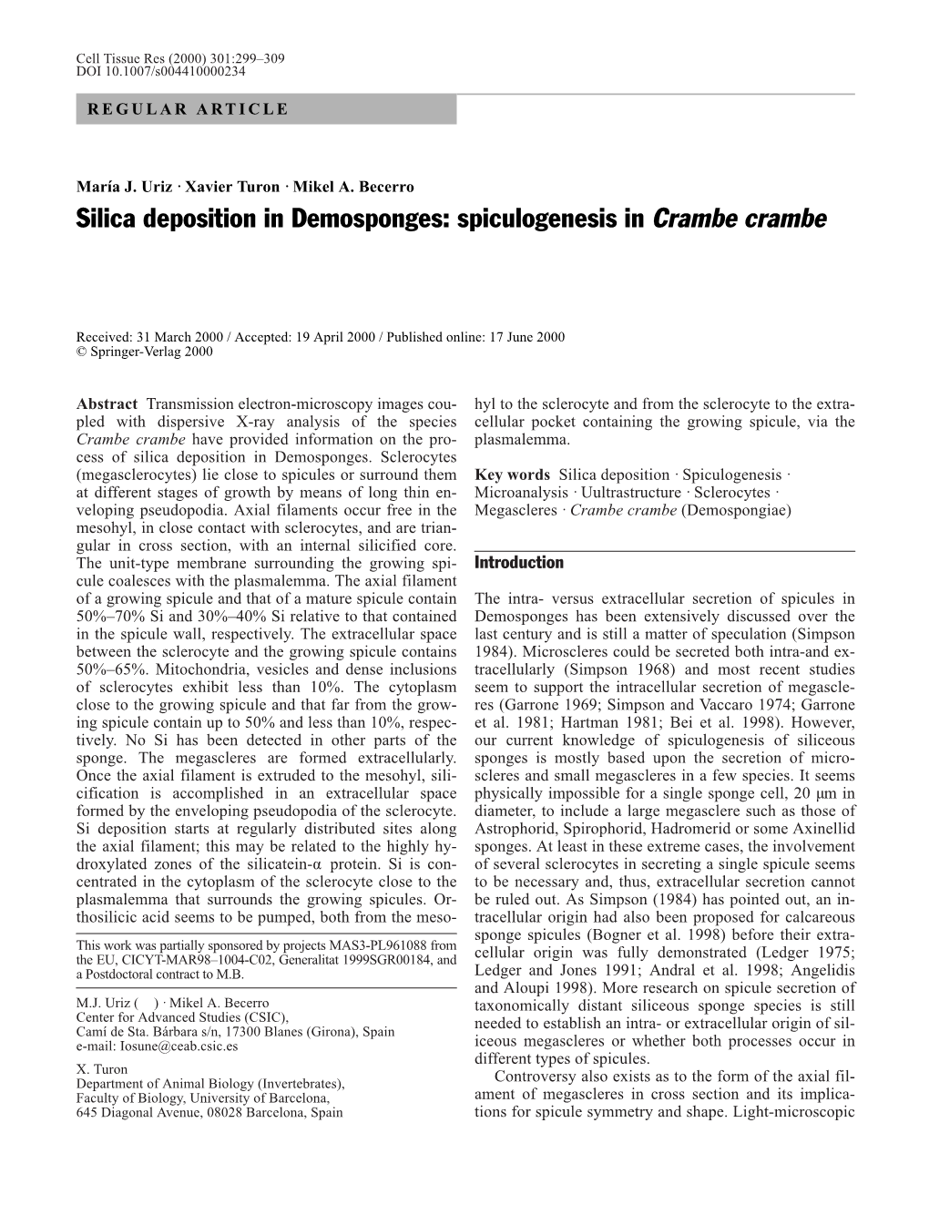 Silica Deposition in Demosponges: Spiculogenesis in Crambe Crambe