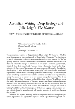 Australian Writing, Deep Ecology and Julia Leigh's the Hunter
