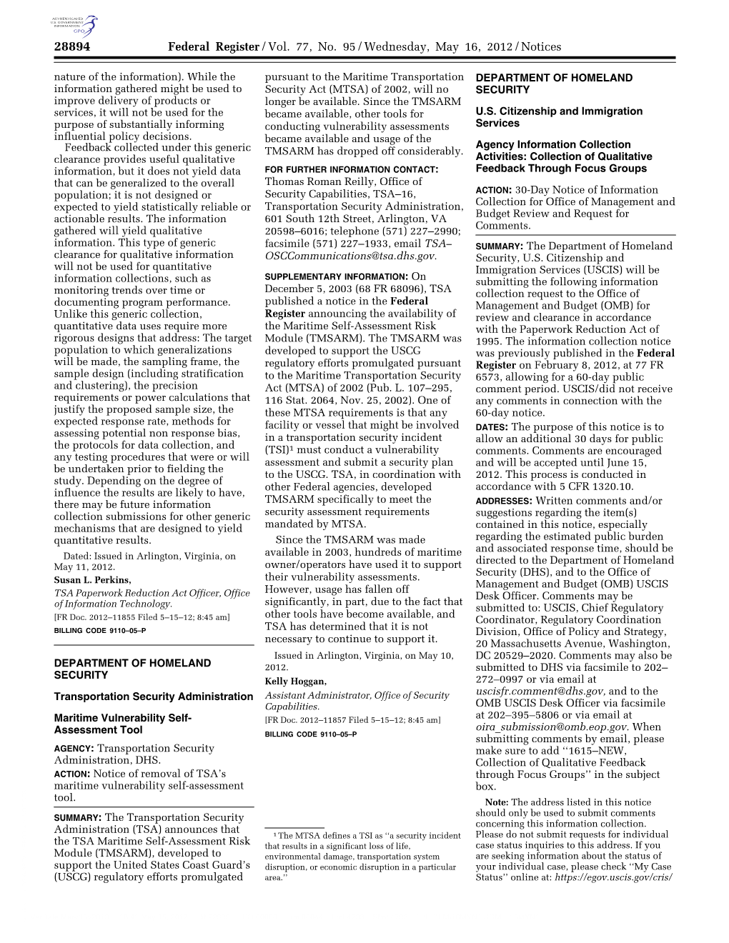 Federal Register/Vol. 77, No. 95/Wednesday, May 16, 2012/Notices