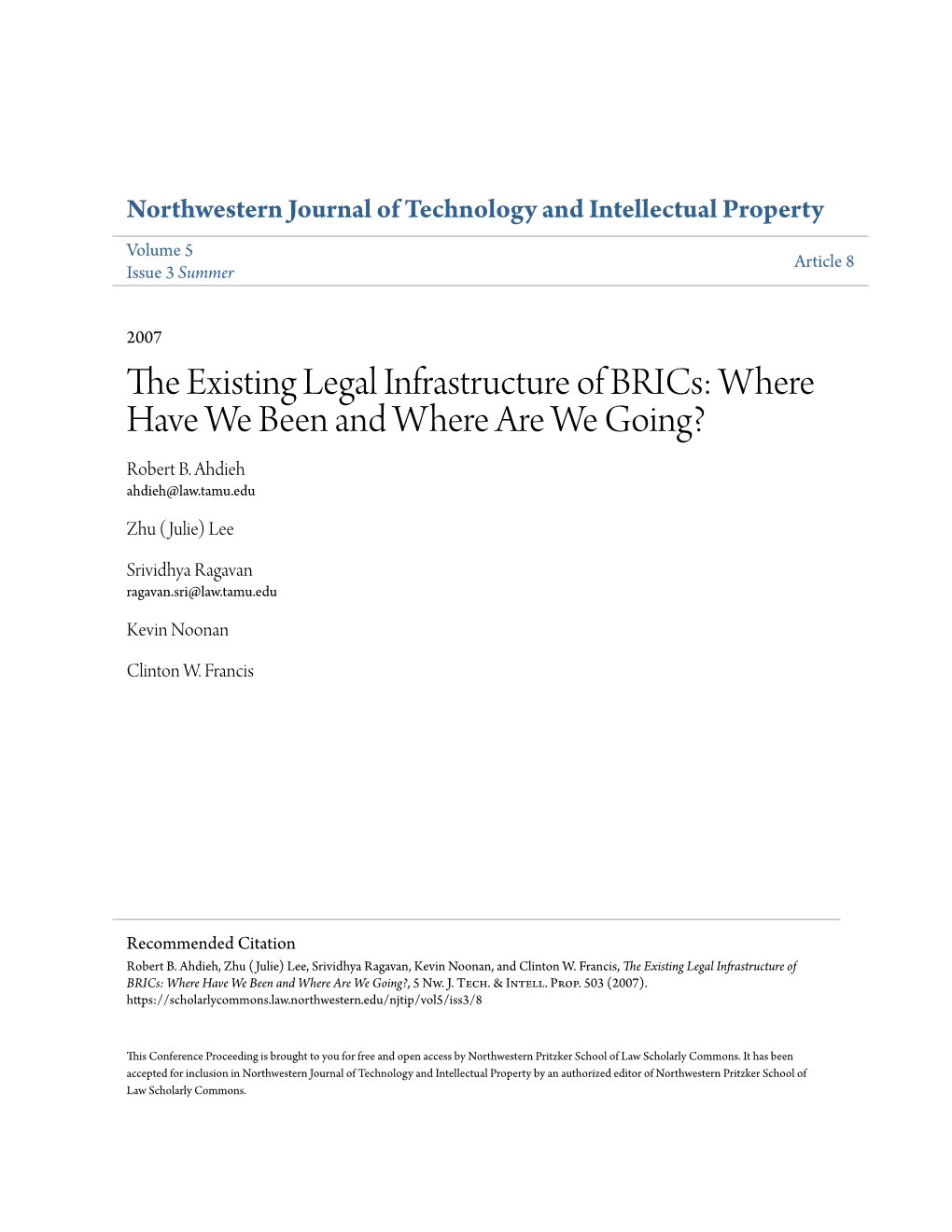 The Existing Legal Infrastructure of Brics: Where Have We Been and Where Are We Going? Robert B