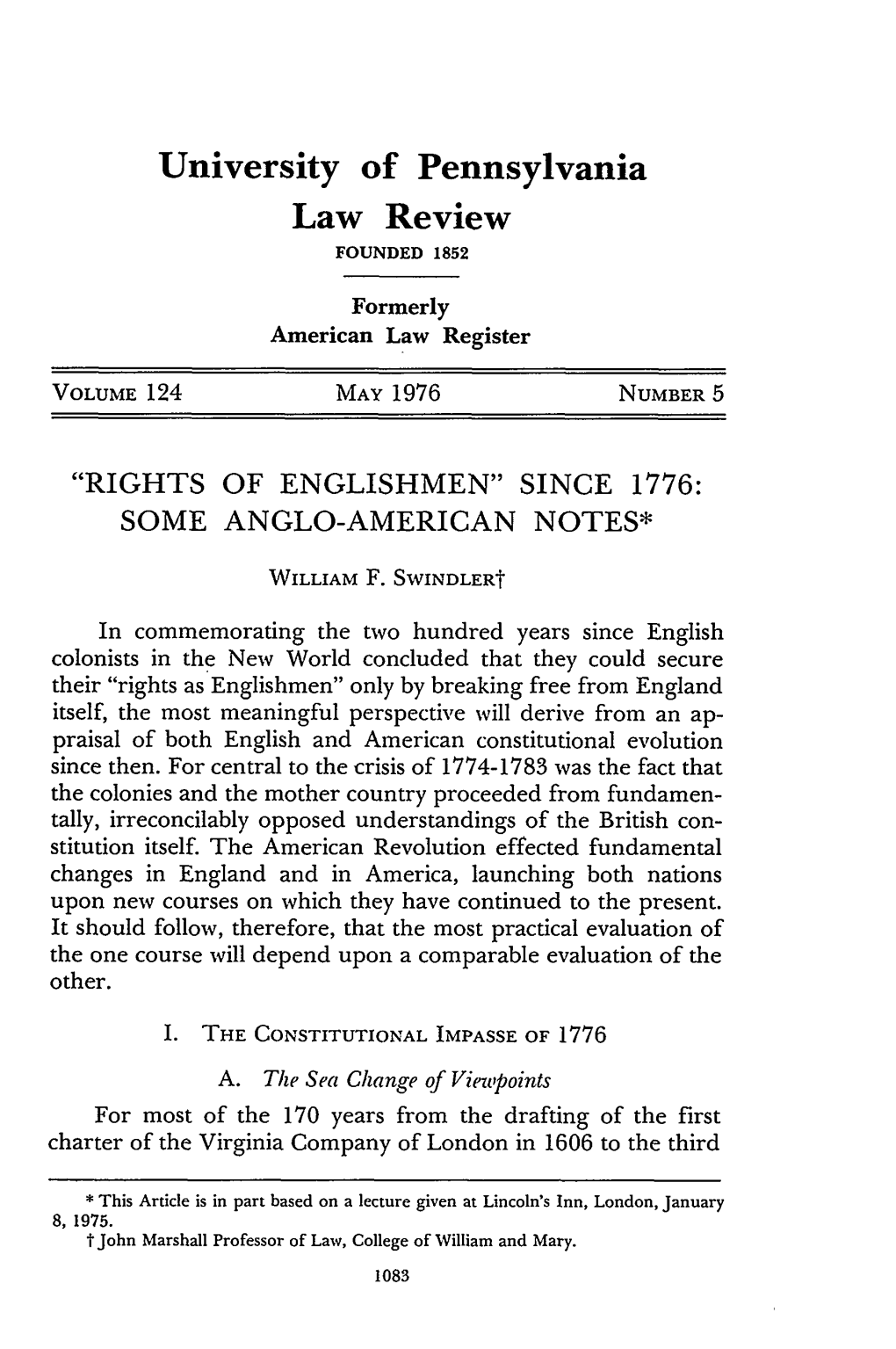 Rights of Englishmen Since 1776: Some Anglo-American Notes