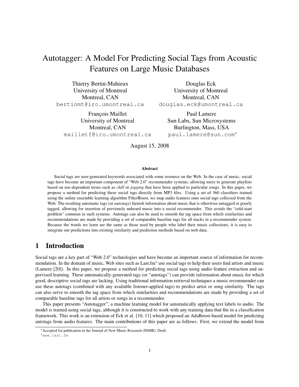 Autotagger: a Model for Predicting Social Tags from Acoustic Features on Large Music Databases