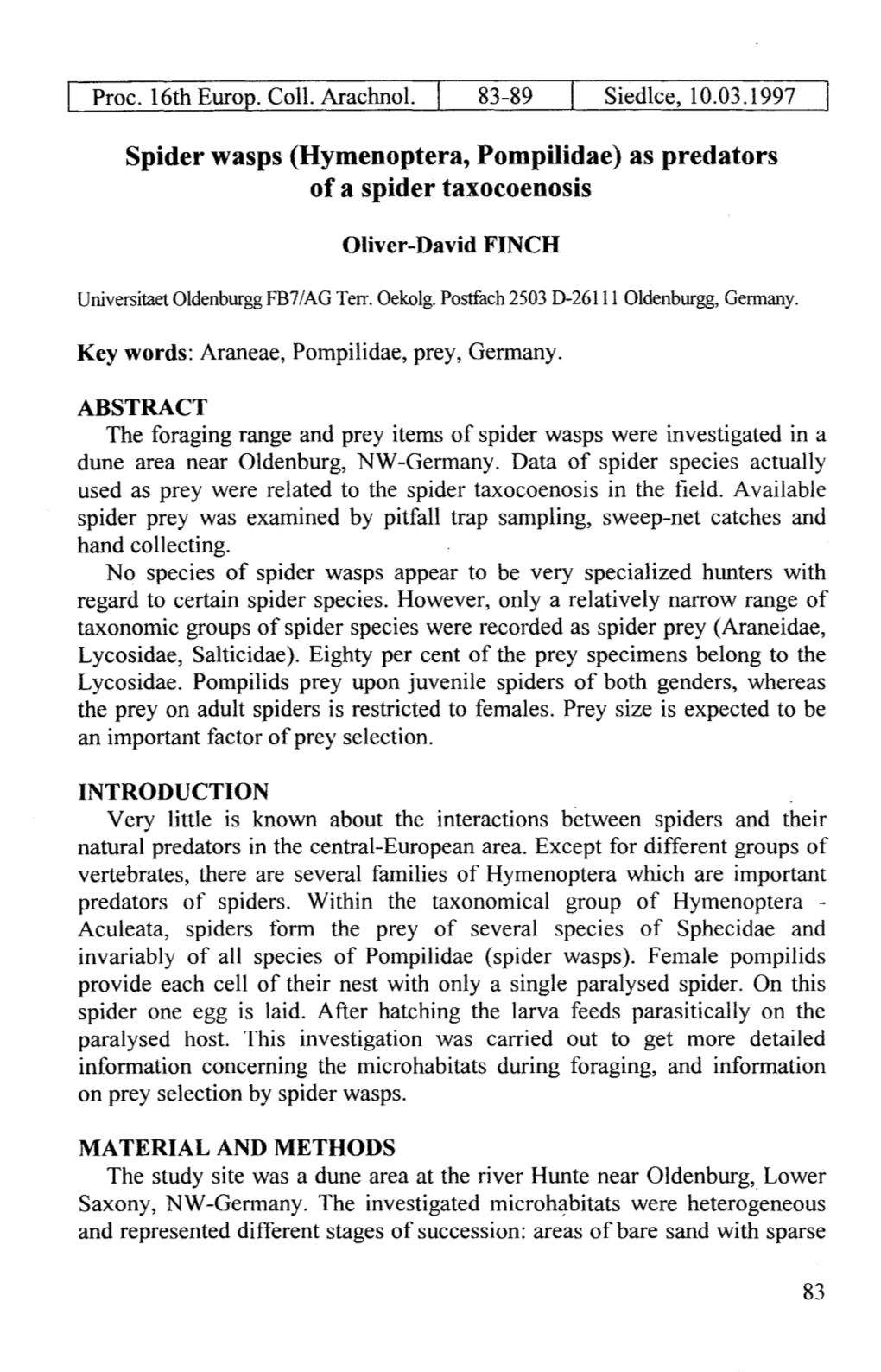 Spider Wasps (Hymenoptera, Pompilidae) As Predators of a Spider Taxocoenosis