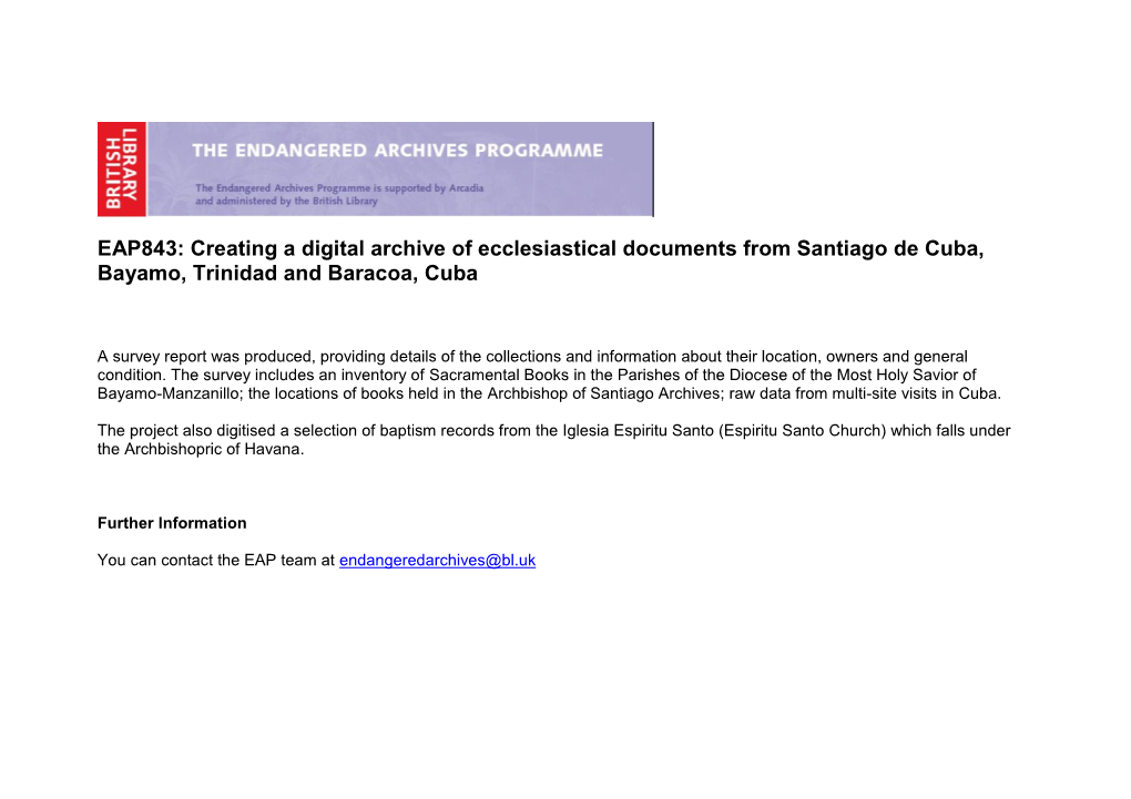 EAP843: Creating a Digital Archive of Ecclesiastical Documents from Santiago De Cuba, Bayamo, Trinidad and Baracoa, Cuba