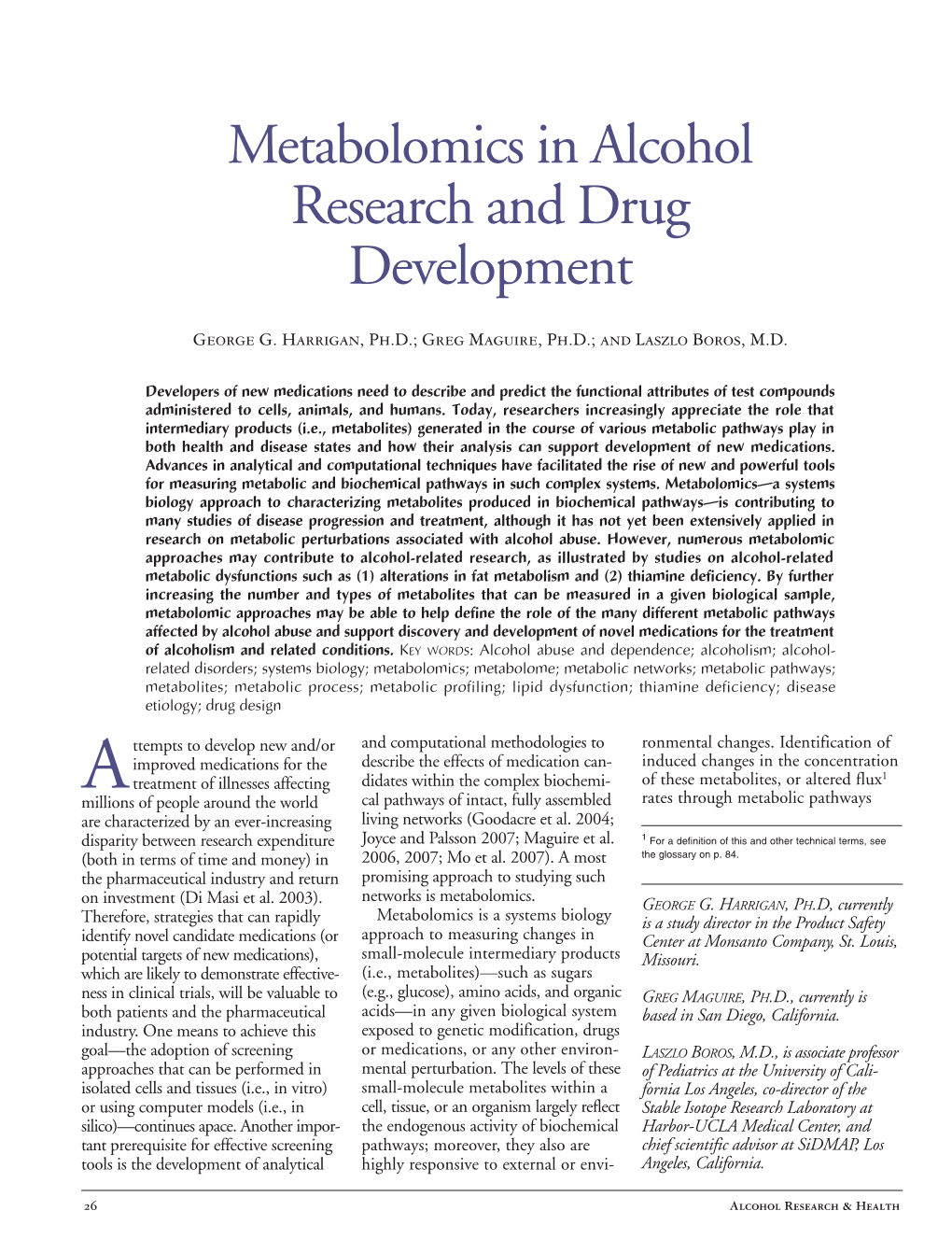 Metabolomics in Alcohol Research and Drug Development