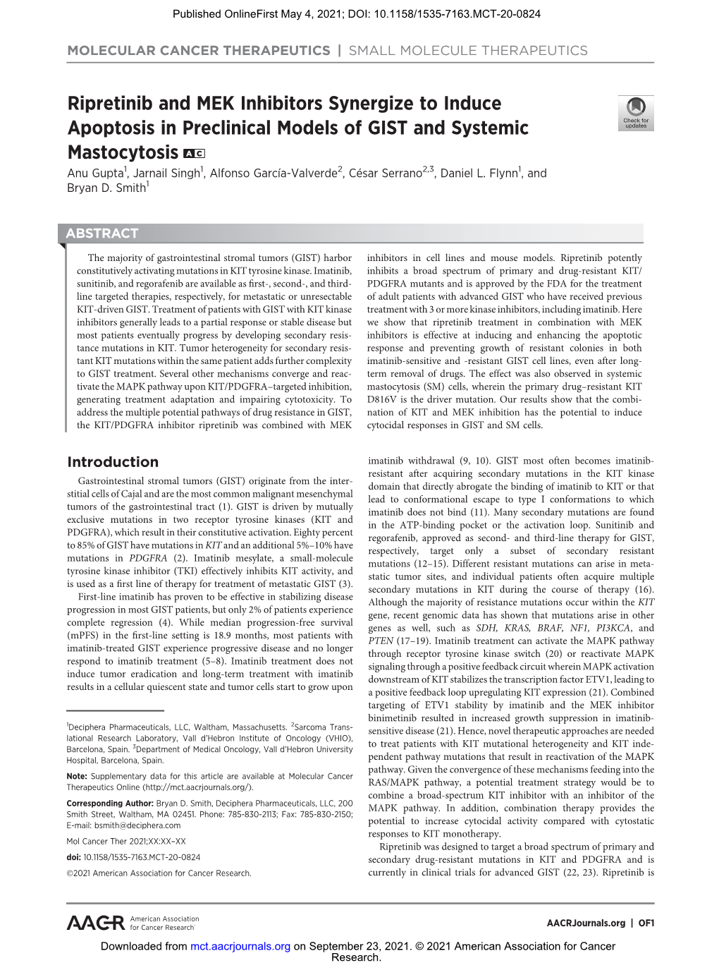 Ripretinib and MEK Inhibitors Synergize to Induce Apoptosis In