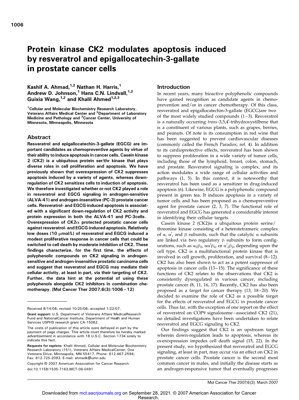 Protein Kinase CK2 Modulates Apoptosis Induced by Resveratrol and Epigallocatechin-3-Gallate in Prostate Cancer Cells