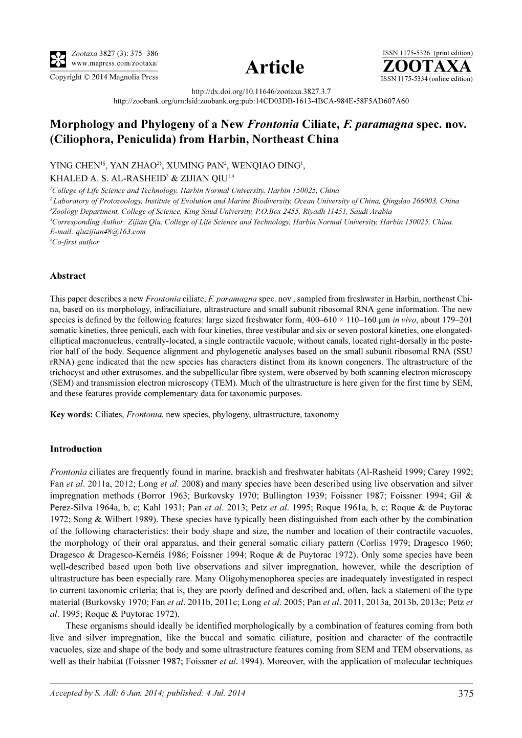 Morphology and Phylogeny of a New Frontonia Ciliate, F