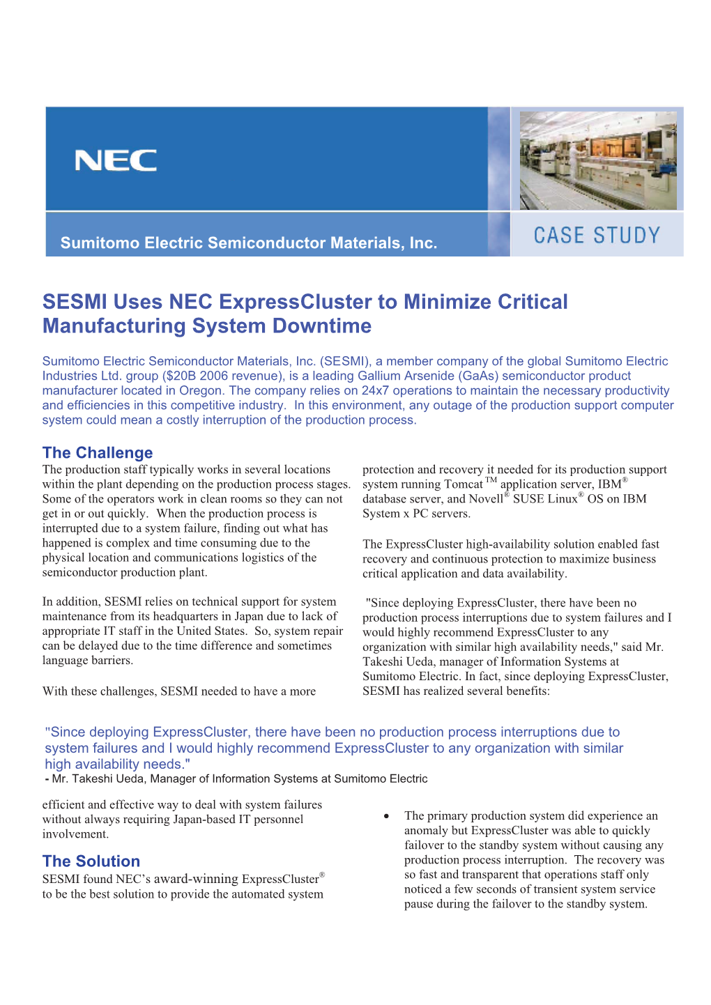 SESMI Uses NEC Expresscluster to Minimize Critical Manufacturing