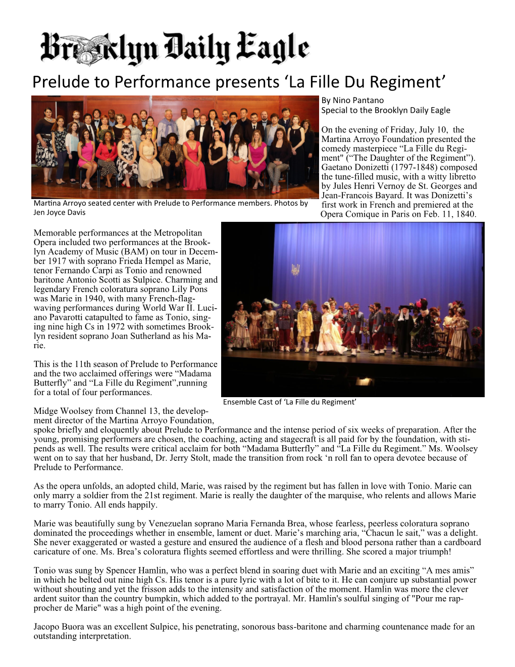 La Fille Du Regiment’ by Nino Pantano Special to the Brooklyn Daily Eagle