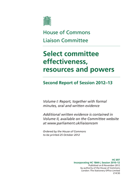 Select Committee Effectiveness, Resources and Powers