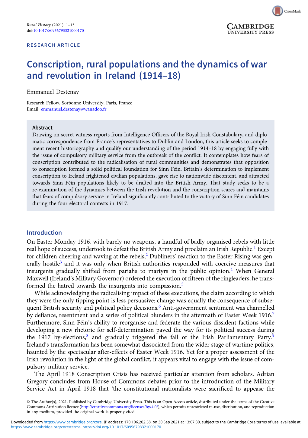 Conscription, Rural Populations and the Dynamics of War and Revolution in Ireland (1914–18)
