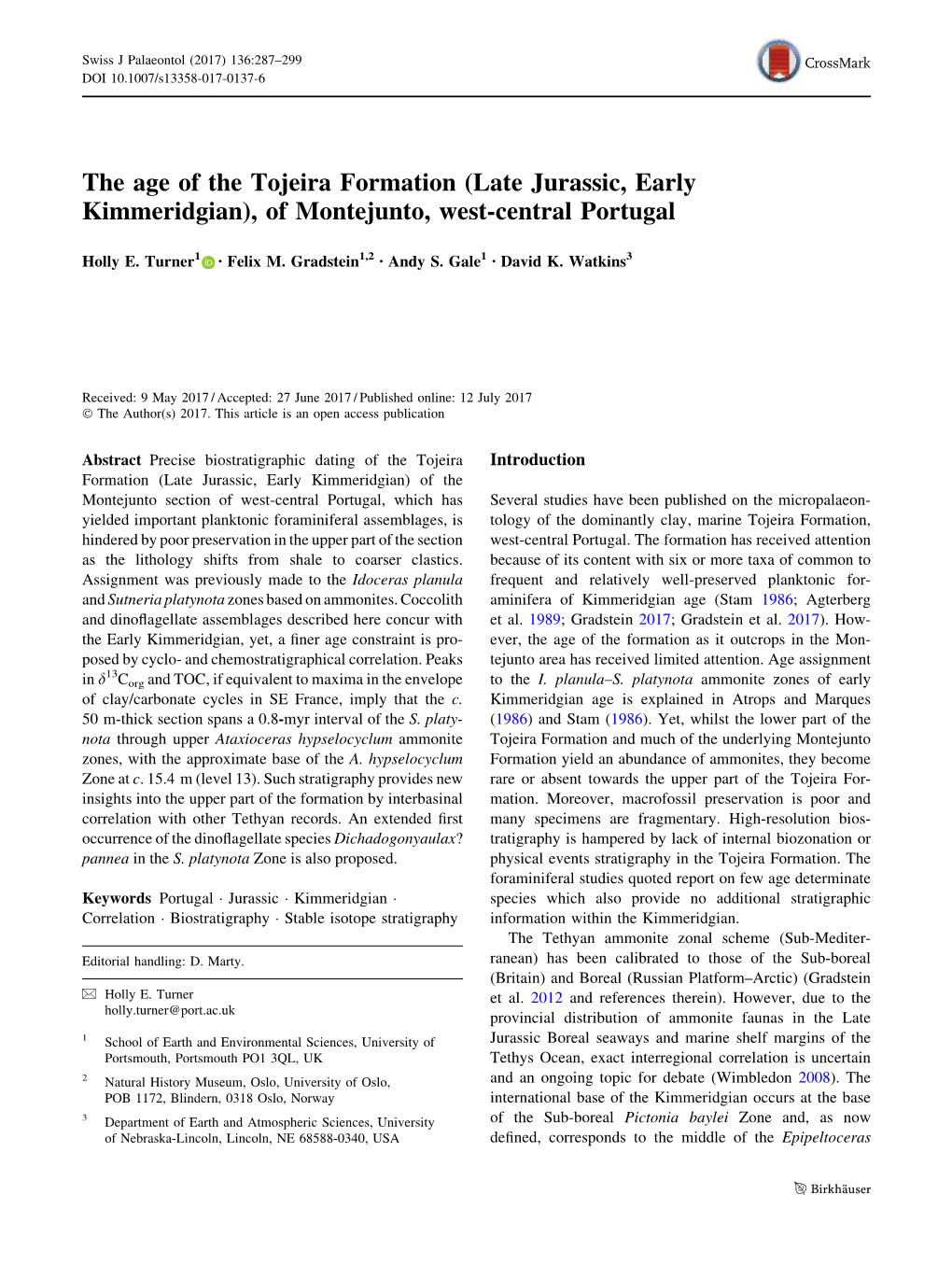 The Age of the Tojeira Formation (Late Jurassic, Early Kimmeridgian), of Montejunto, West-Central Portugal