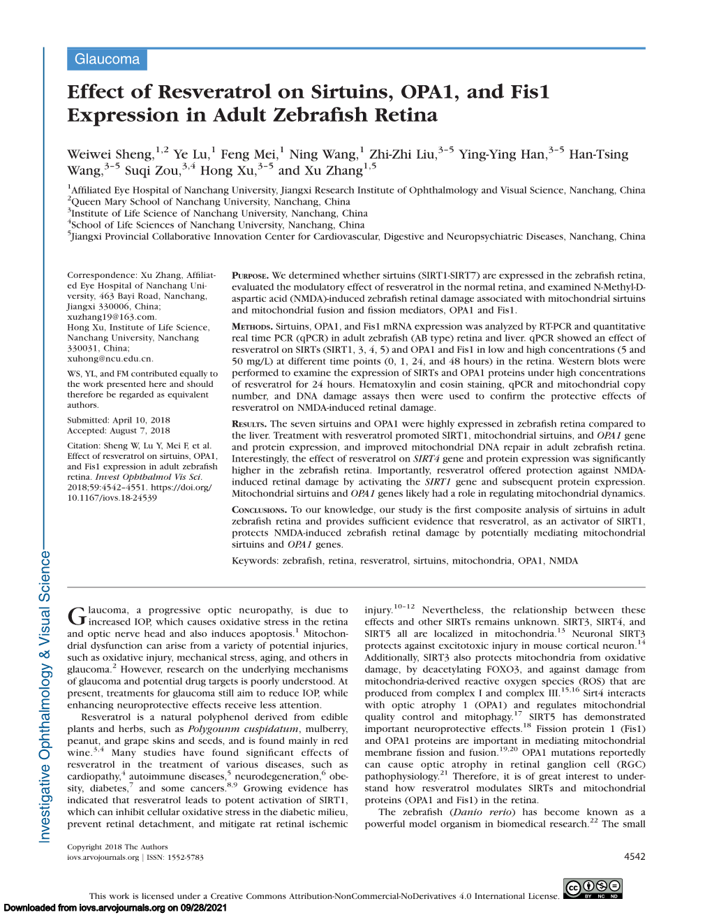 Effect of Resveratrol on Sirtuins, OPA1, and Fis1 Expression in Adult Zebrafish Retina