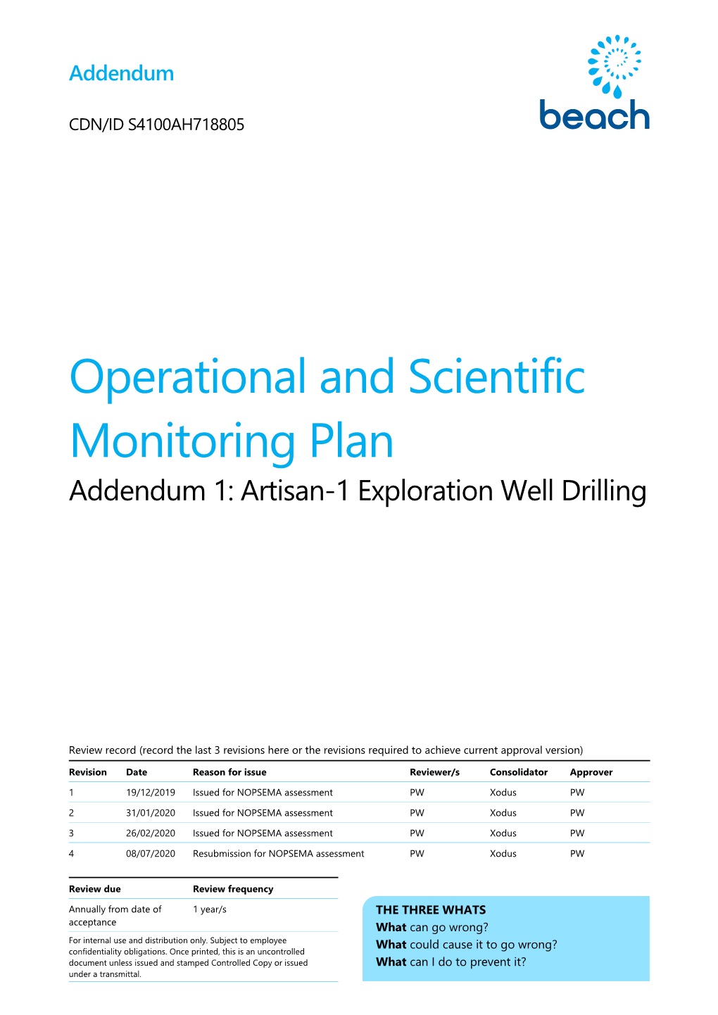 Operational and Scientific Monitoring Plan Addendum 1: Artisan-1 Exploration Well Drilling