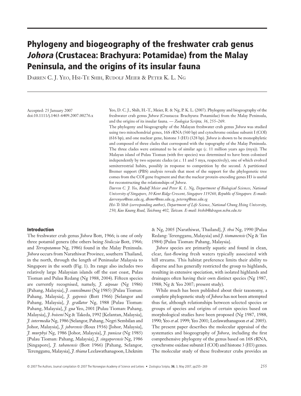 Phylogeny and Biogeography of the Freshwater Crab Genus Johora (Crustacea: Brachyura: Potamidae) from the Malay Peninsula, and T