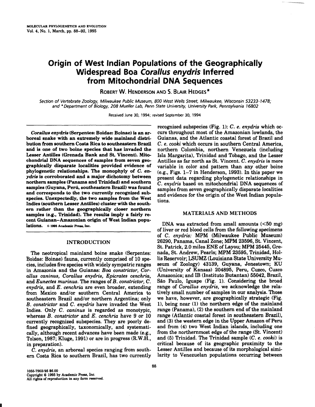 Widespread Boa Corallus Enydris Inferred from Mitochondrial DNA Sequences ROBERT W