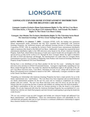 Lionsgate Expands Home Entertainment Distribution for the Beloved Care Bears