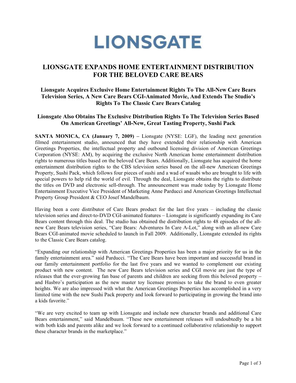 Lionsgate Expands Home Entertainment Distribution for the Beloved Care Bears