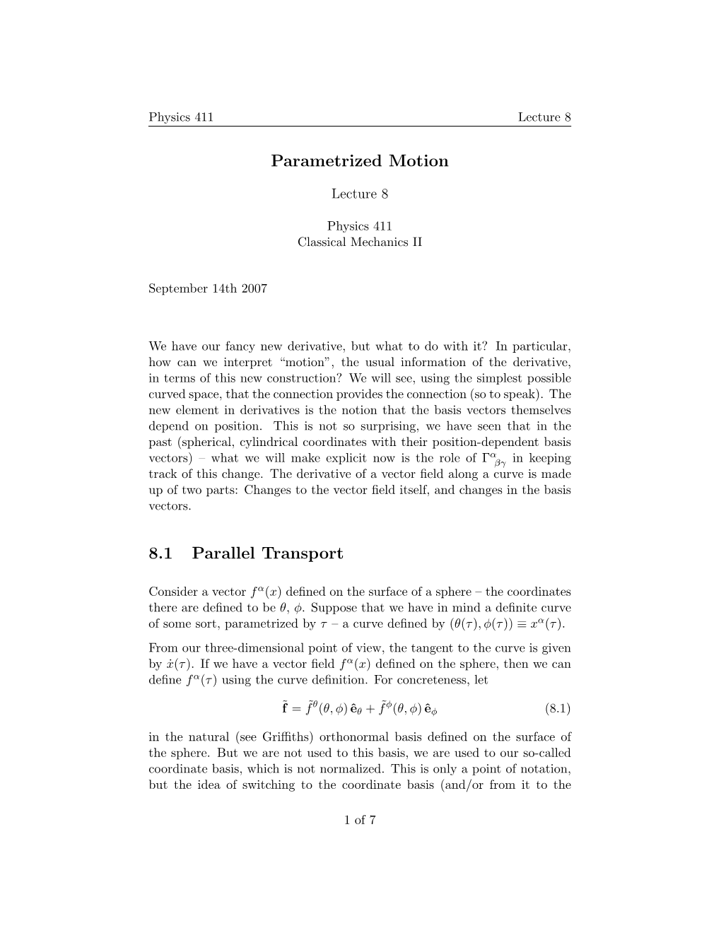 Parametrized Motion 8.1 Parallel Transport